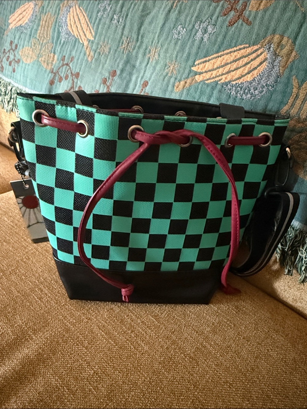 Demon Slayer Drawstring Tote Bag in Teal and Black with Magenta Accents